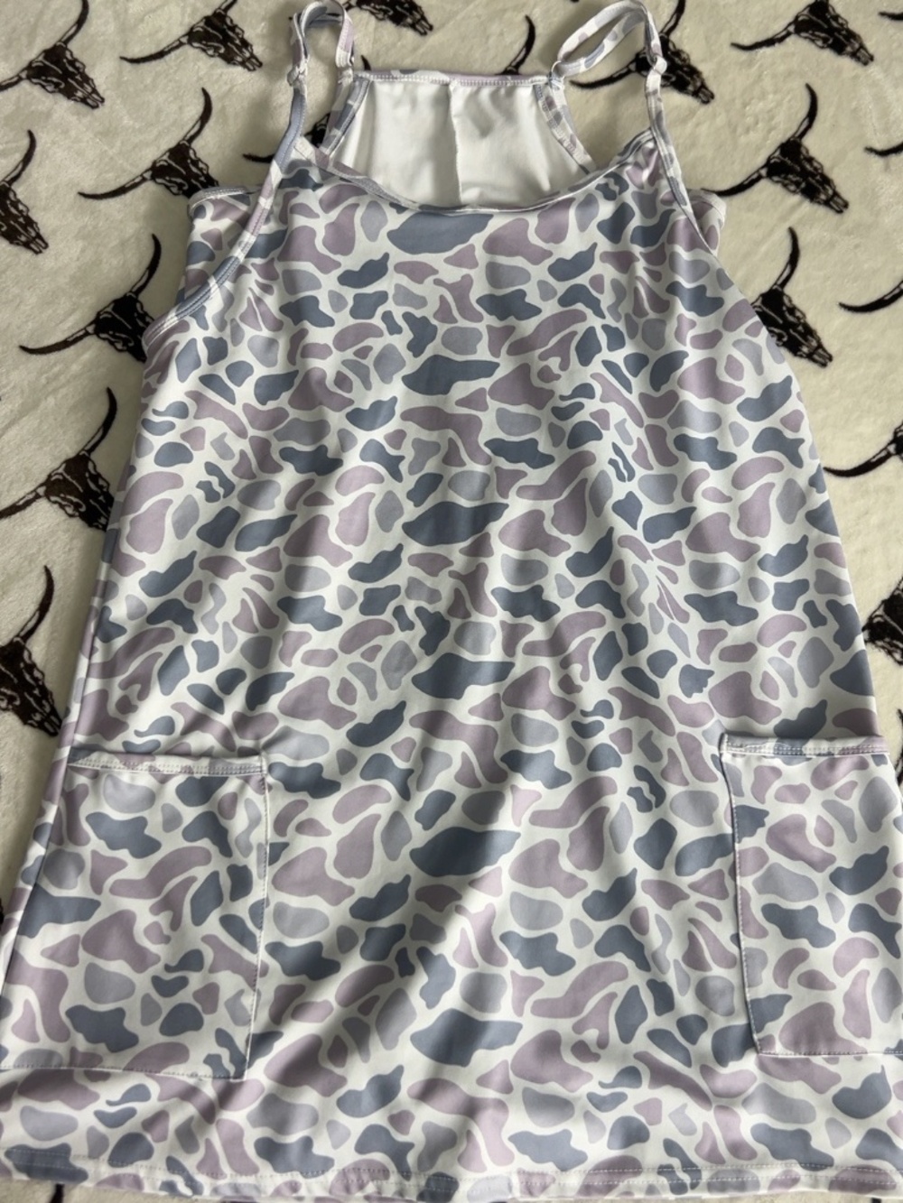 Grey Mauve Camo Print Mini Dress Adjustable Straps Pockets Size M